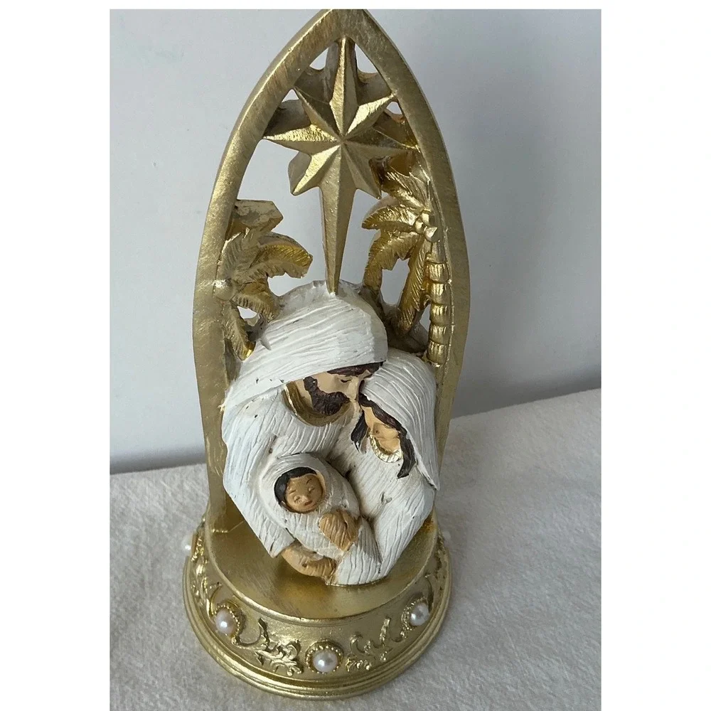 Nativity Holy Family Figurine Gold Star Pearl Accents 8.5‎ Inch Religious